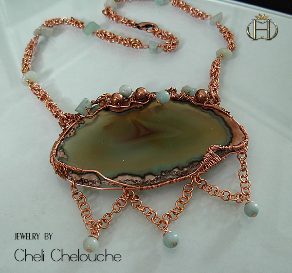 agate browngreen sliced and aventurine copper necklace